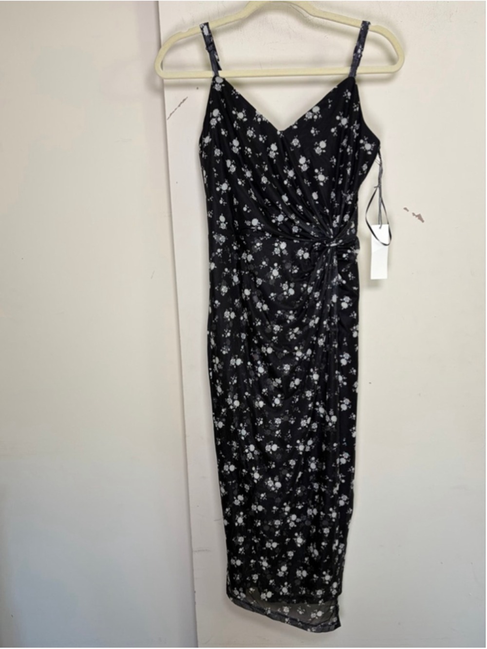 Nine Britton Black Ditsy Floral Crunched Ruched Mesh Midi Dress Size M NWT